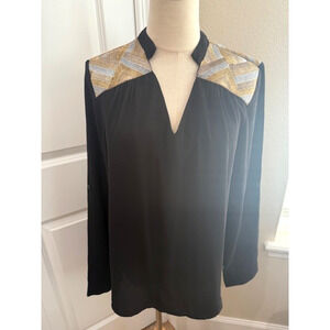 Pixley Margo Shirt Sz Large Women Black Silver Gold Metallic Stitches V Neck NWT